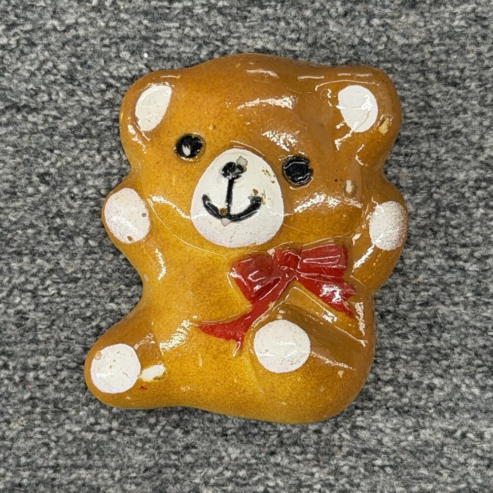 Vintage Teddy Bear Fridge Magnet Red Bow Glossy 3D Kitsch Novelty Cottagecore